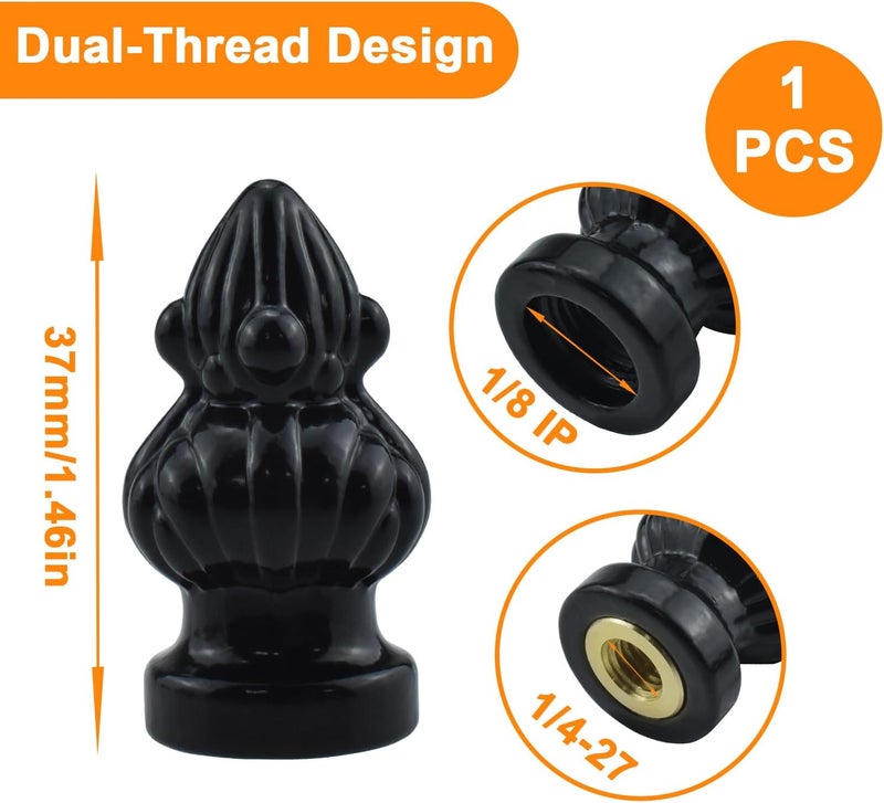 MARRTEUM Antique Brass Lamp Finial Cap Knob Retro Lamp Finial Decoration with Dual-Thread Screw for Lamp Shade, Fit Both 3/8" and 1/4-27, 1 Pack Black - Image 2